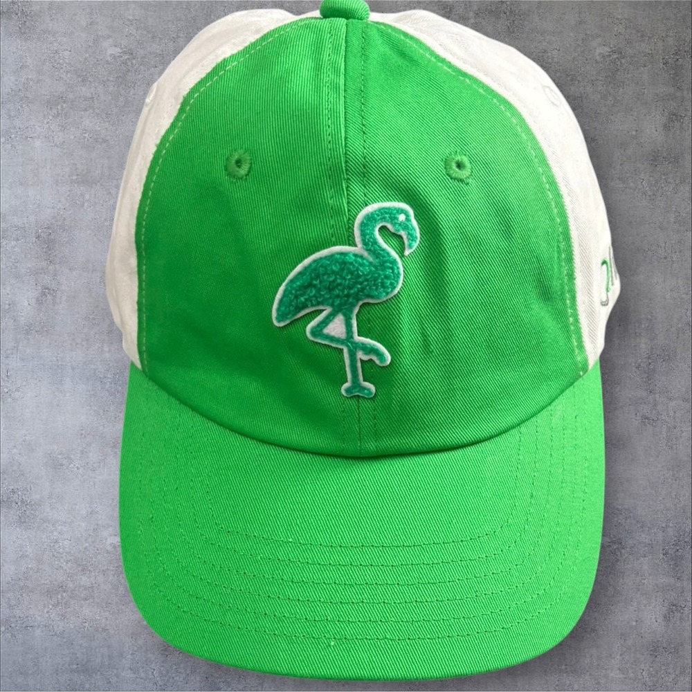 Qlik Baseball Hat OS Green White Flamingo Embroidered Hook Loop